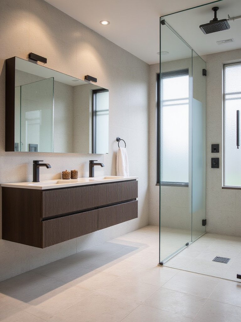 Modern bathroom interior with floating vanity, matte black fixtures, large porcelain tiles, and frameless glass shower