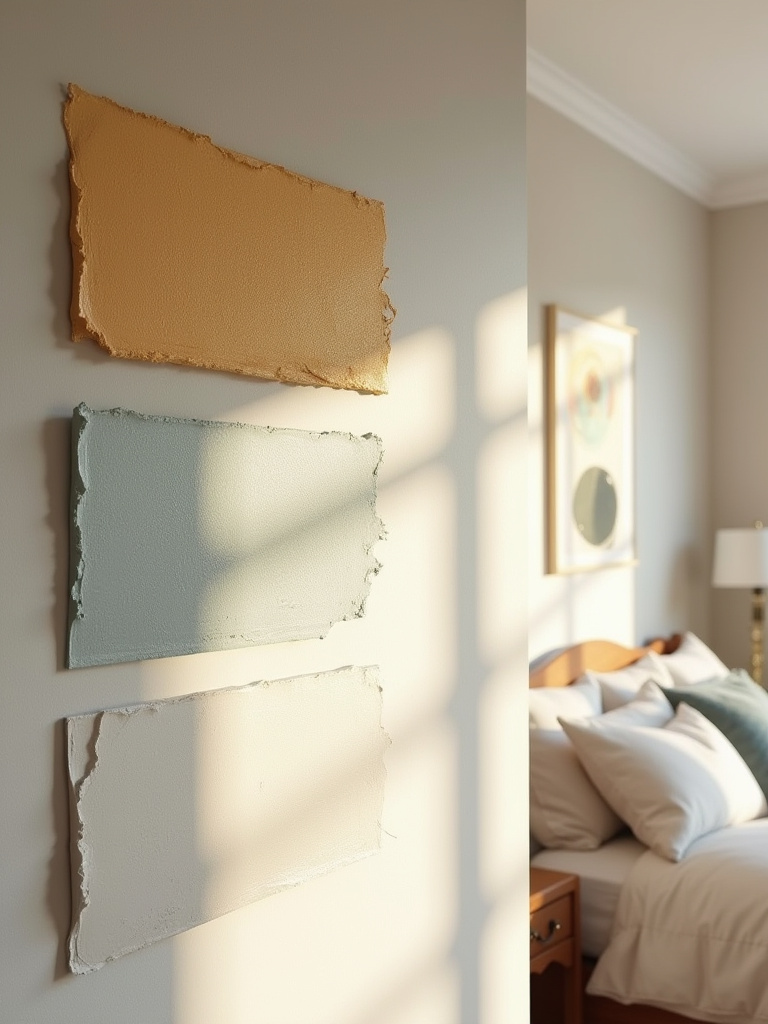 Bedroom wall with large paint swatches in natural light showcasing color variations.