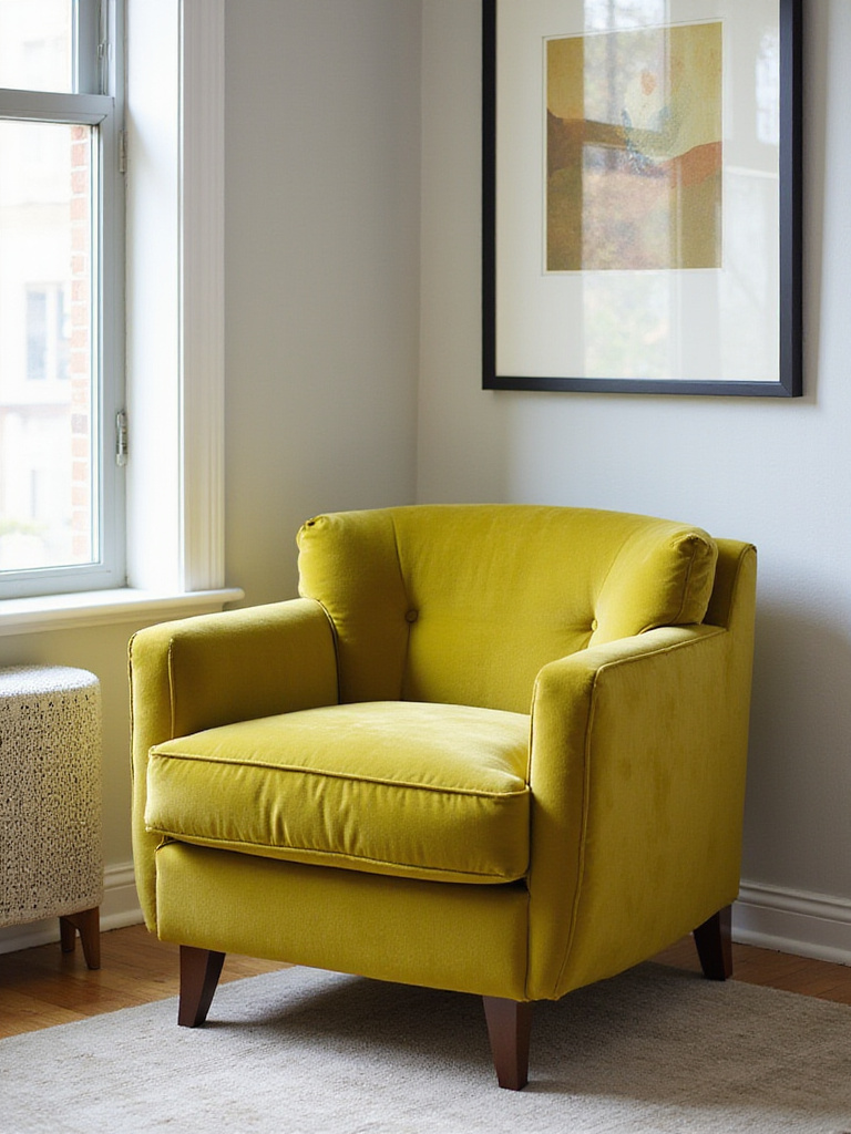 Vibrant chartreuse velvet accent chair in a bright, modern living room corner