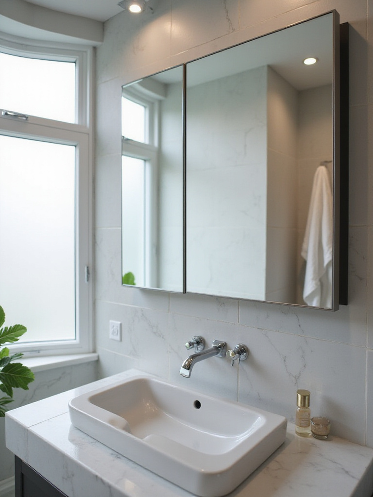 Modern bathroom cabinet with clear anti-fog mirror doors illuminated by natural light