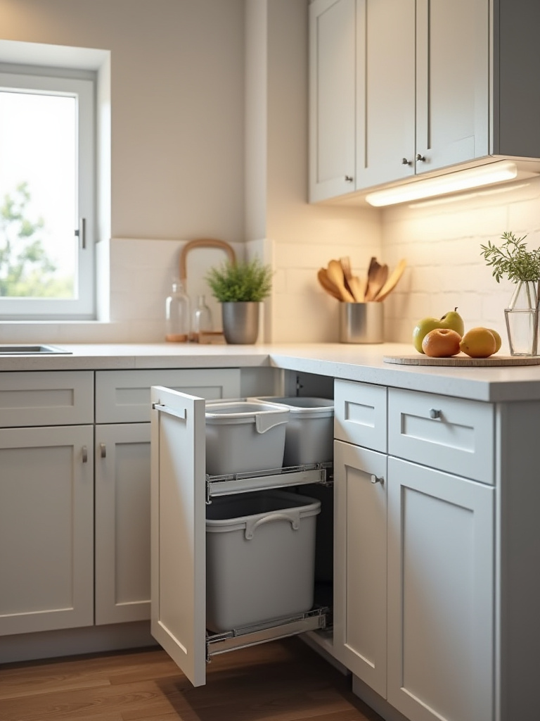 Modern kitchen base cabinet with built-in waste and recycling pull-outs open, showing integrated trash and recycling bins