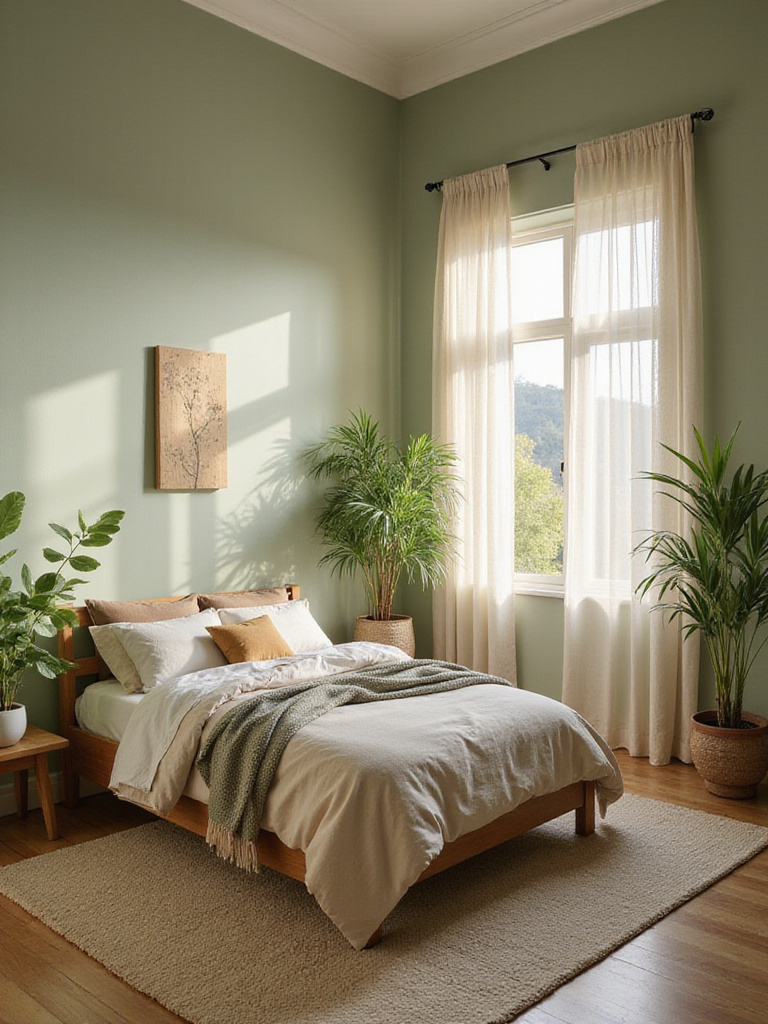 A calming bedroom painted in biophilic colors, showcasing natural light and earthy decor.