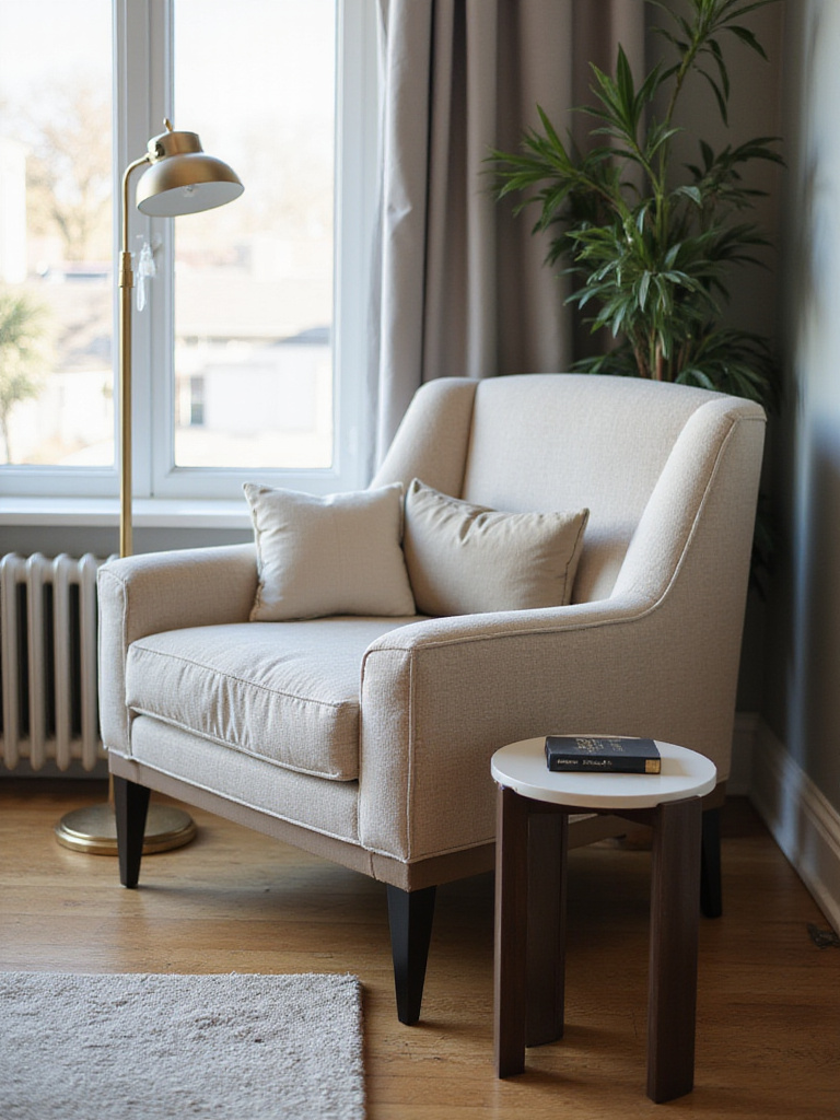 Living room armchair with a complementary side table featuring a lamp and book in a modern setting