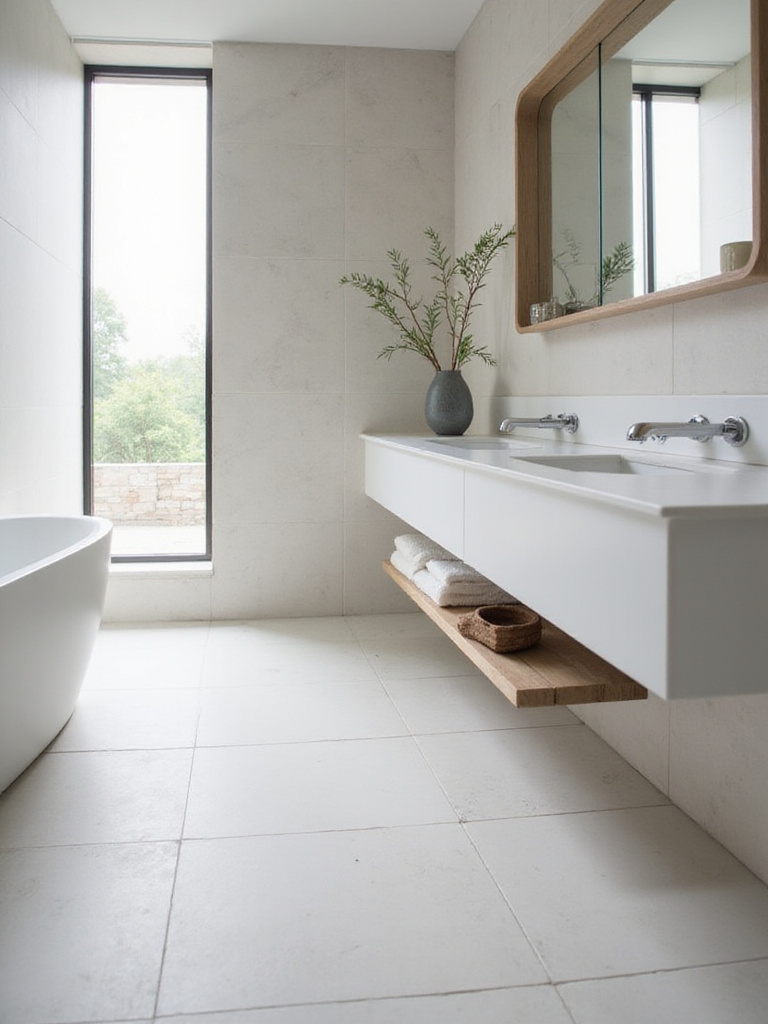 Modern bathroom with durable porcelain tiles and seamless quartz countertop showcasing low-maintenance materials for longevity