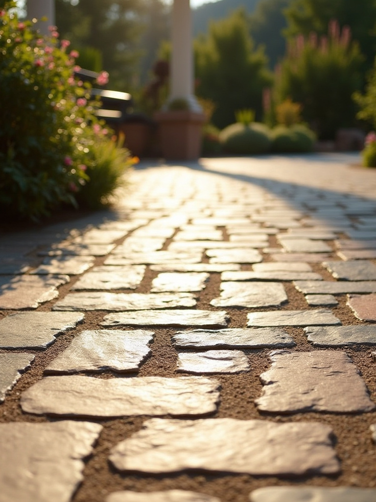 Close-up portrait view of a durable patio featuring natural stone, interlocking concrete, and reclaimed brick pavers in warm natural lighting