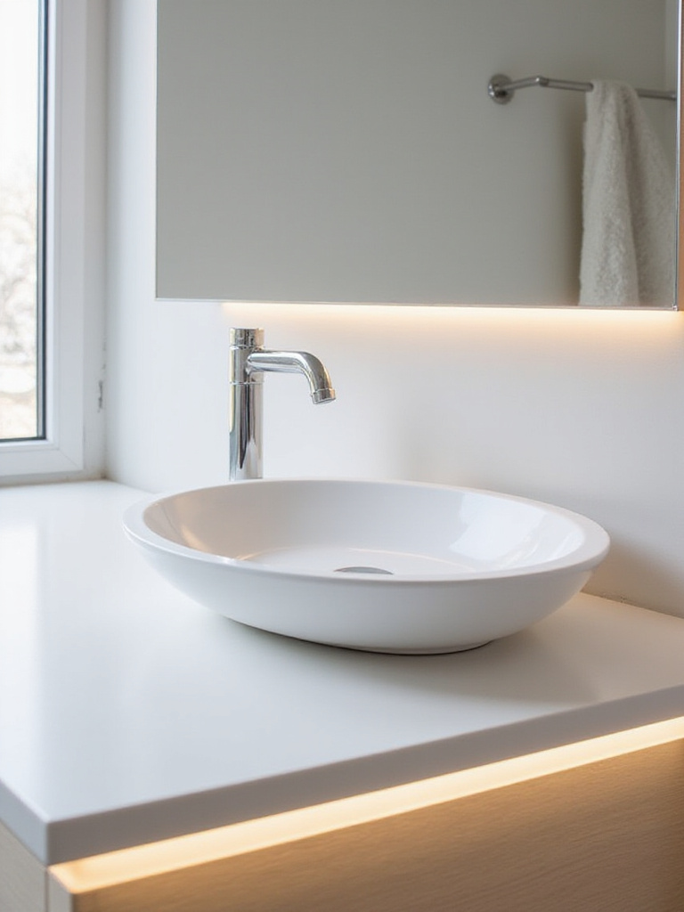 Portrait photo of a modern bathroom vanity with a seamless integrated sink and countertop in a minimalist style