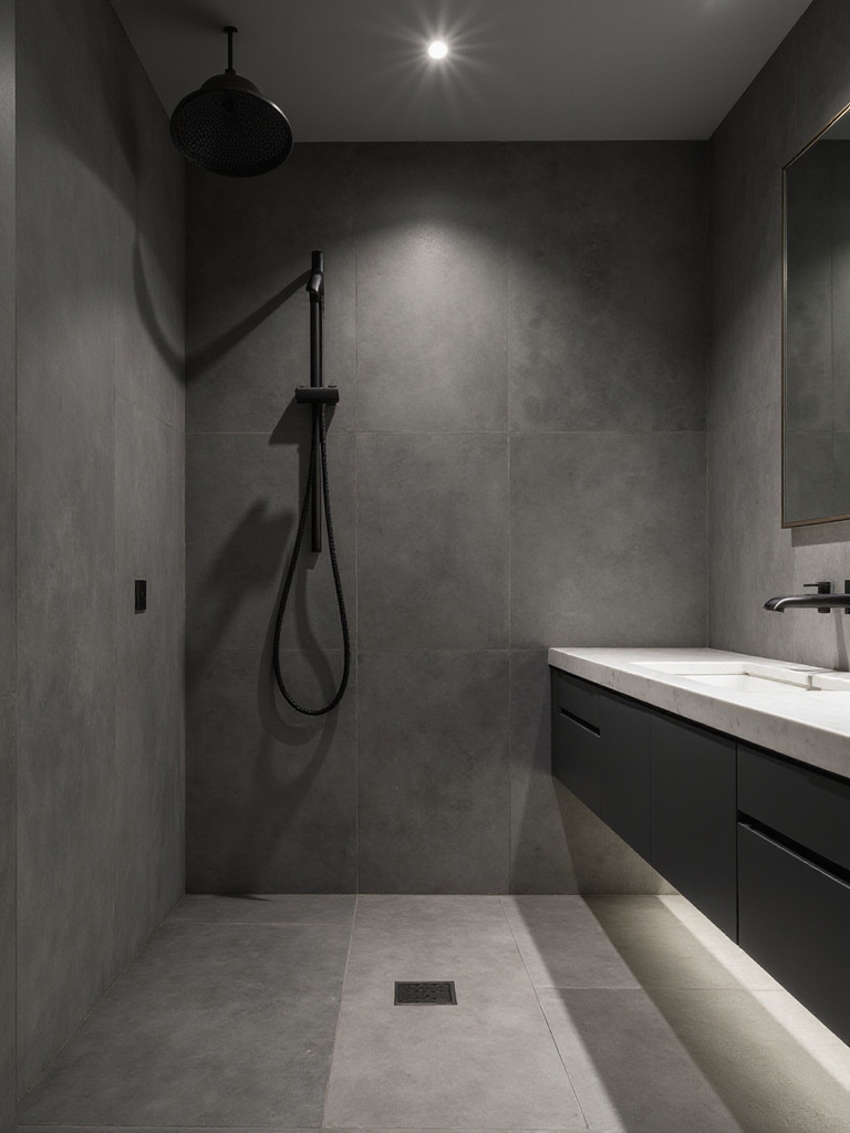 Modern bathroom interior featuring matte black fixtures, matte grey tiles, and white quartz countertop with soft ambient lighting