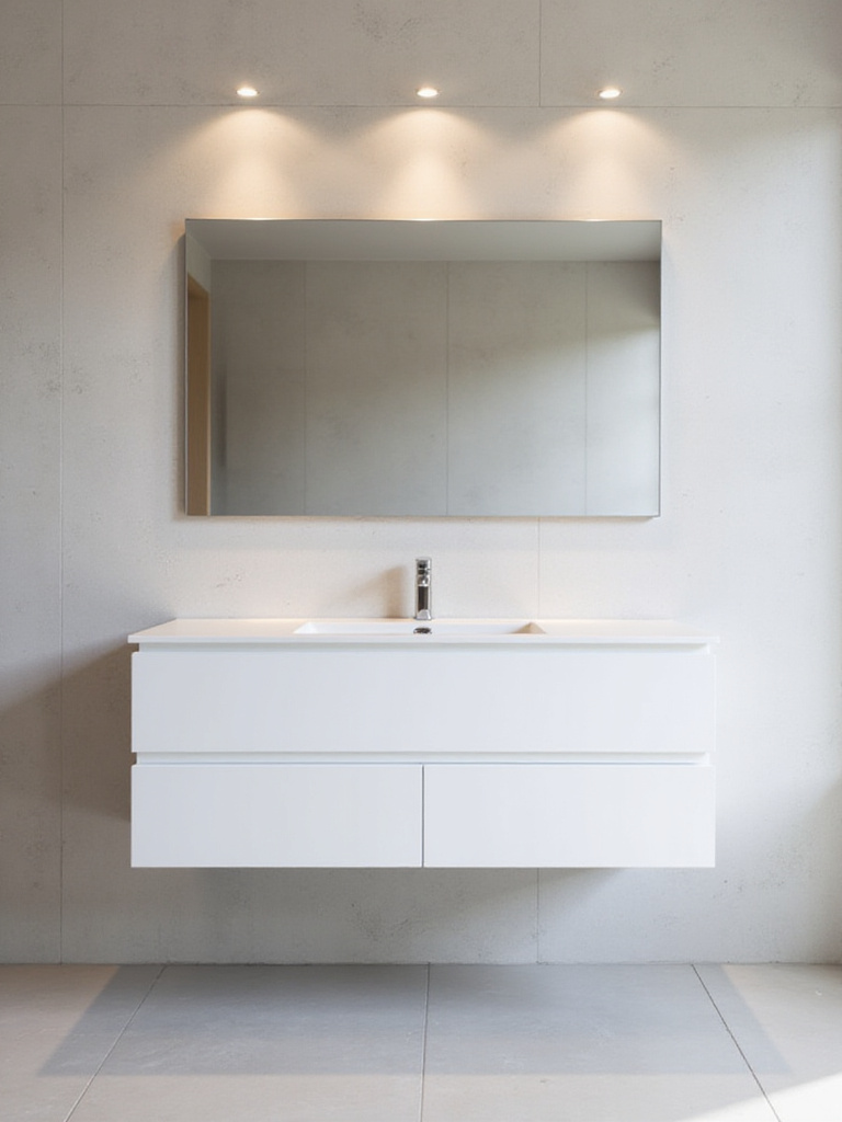 Wall-mounted floating minimalist bathroom vanity in matte white with integrated storage and clean lines under soft warm lighting