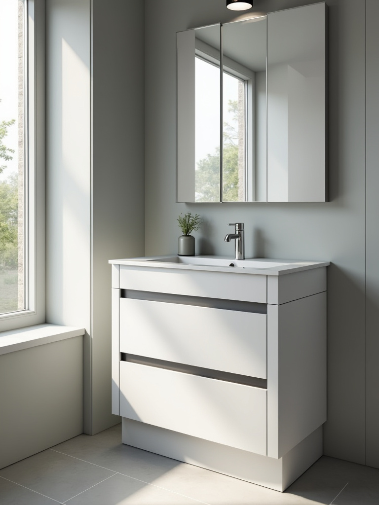 Modern bathroom cabinet made with moisture-resistant materials featuring a durable waterproof finish and sealed edges