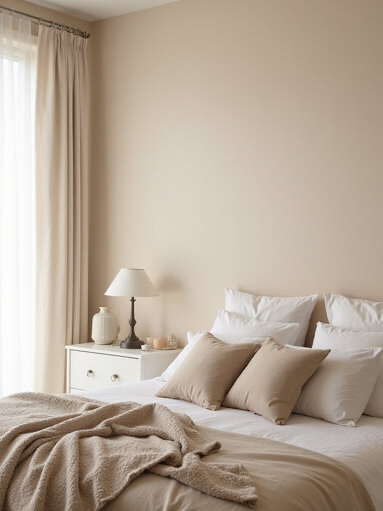 Cozy bedroom with egg-shell painted walls and soft lighting