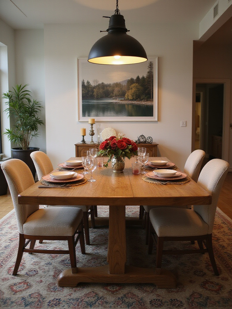 Elegant dining room with a perfectly sized rectangular dining table set for six, showcasing decor and ambiance.