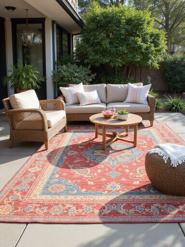 Outdoor patio with a vibrant outdoor rug anchoring lounge furniture, showcasing texture and style without people