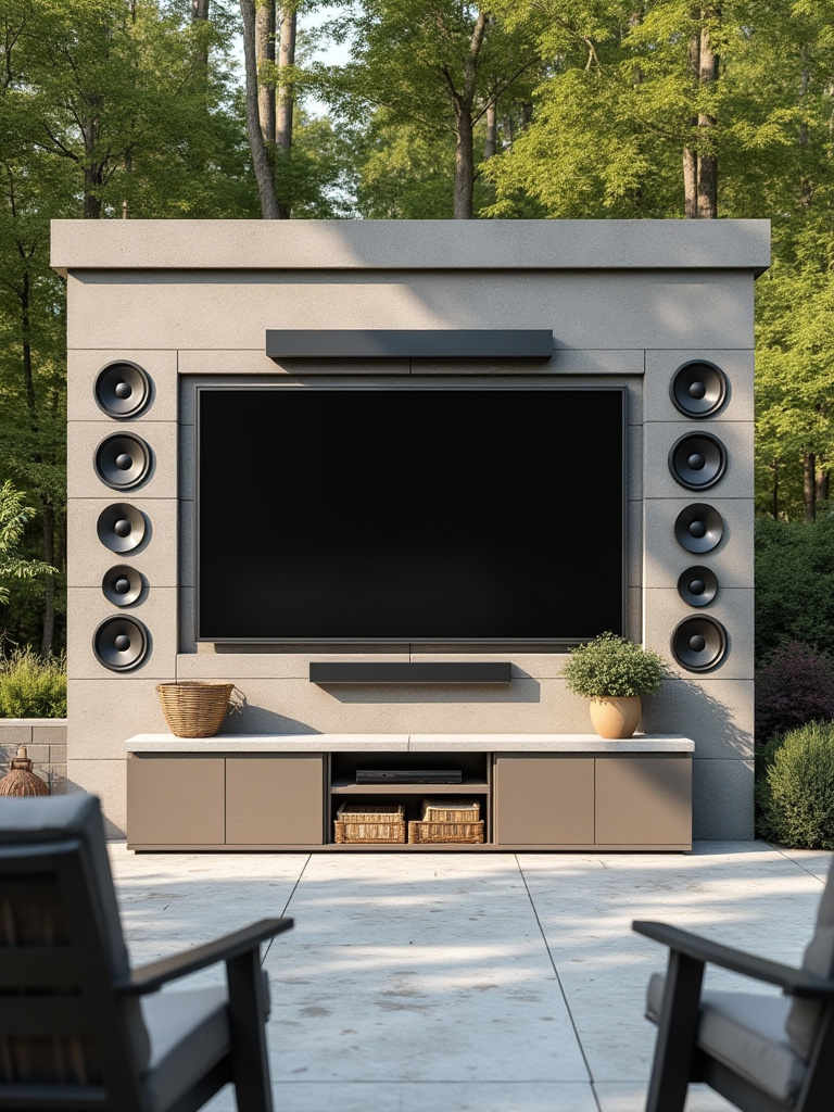 Modern patio with weatherproof outdoor entertainment system featuring large TV and marine-grade speakers