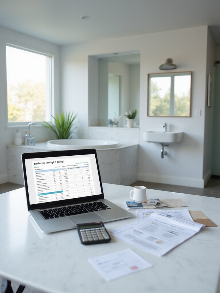 Modern bathroom renovation budgeting workspace with laptop, calculator, and sample materials