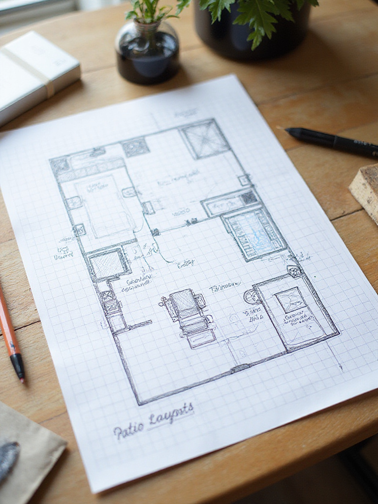 Top-down view of a detailed hand-drawn patio layout sketch on graph paper with measuring tools nearby