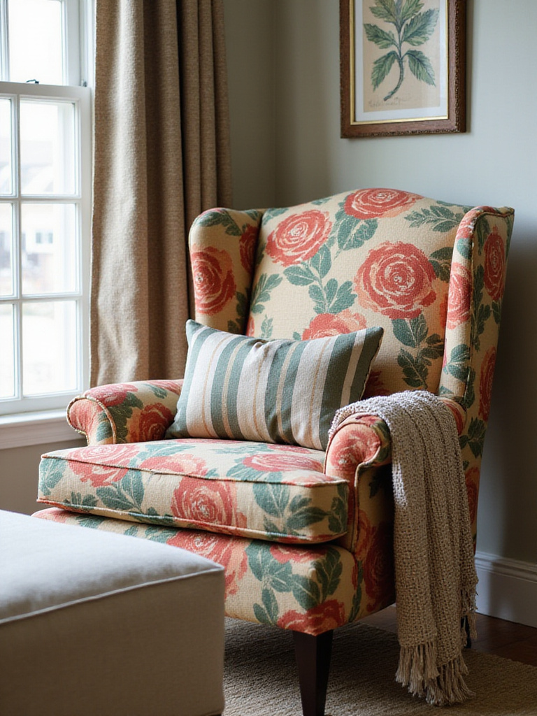 Wingback chair in living room with mixed fabric patterns including large floral upholstery, striped pillow, and textured throw, styled for dynamic contrast