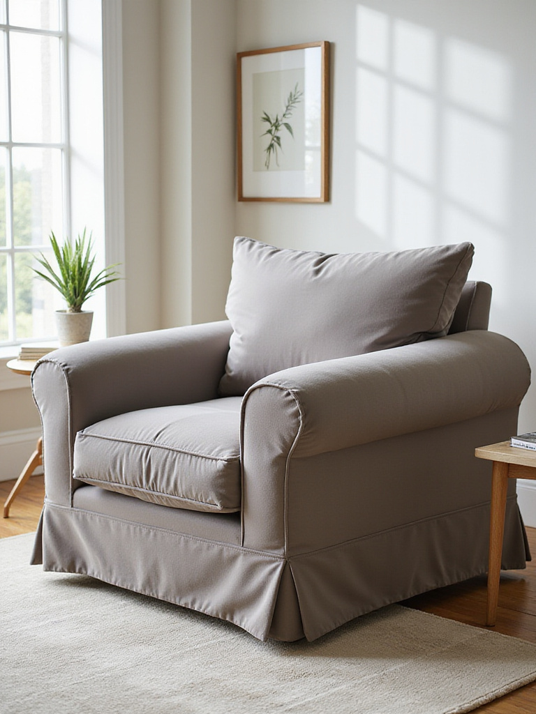 Living room armchair with a tailored designer slipcover in velvet fabric in a bright airy setting