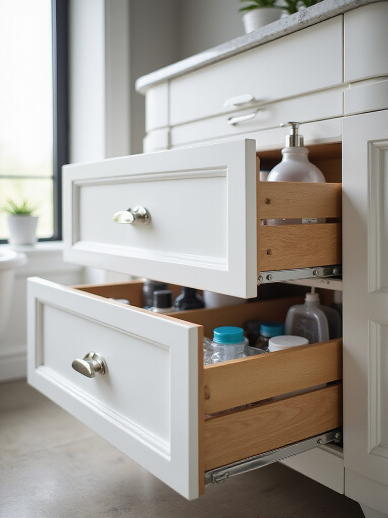 Modern bathroom vanity cabinet with extended pull-out drawers showing organized toiletries and deep storage solutions