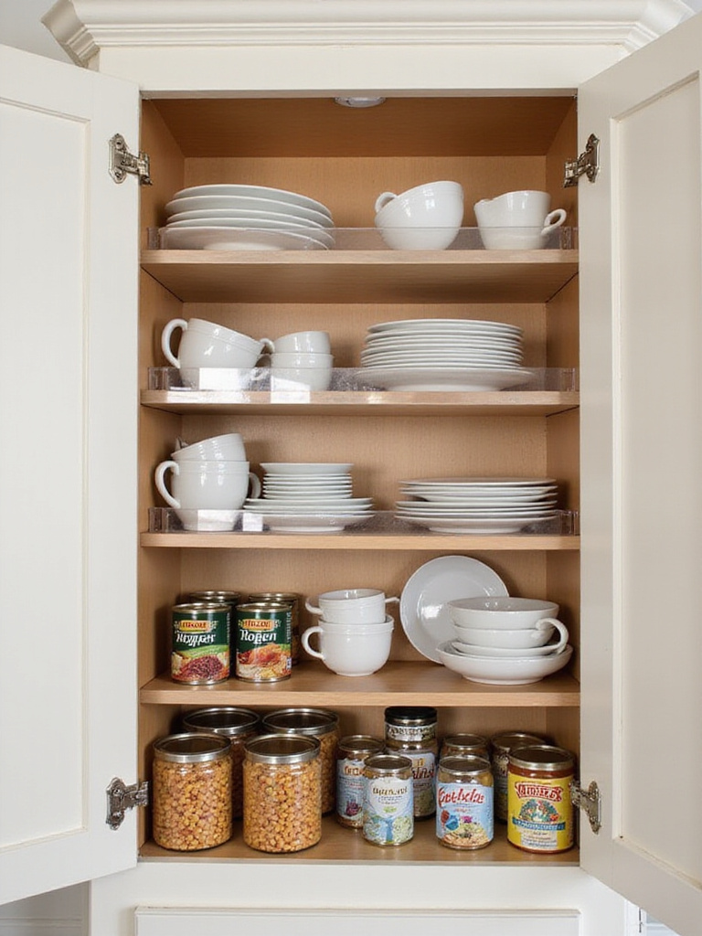 Kitchen cabinet interior with tiered shelf risers organizing dishes, mugs, and canned goods, maximizing vertical storage space
