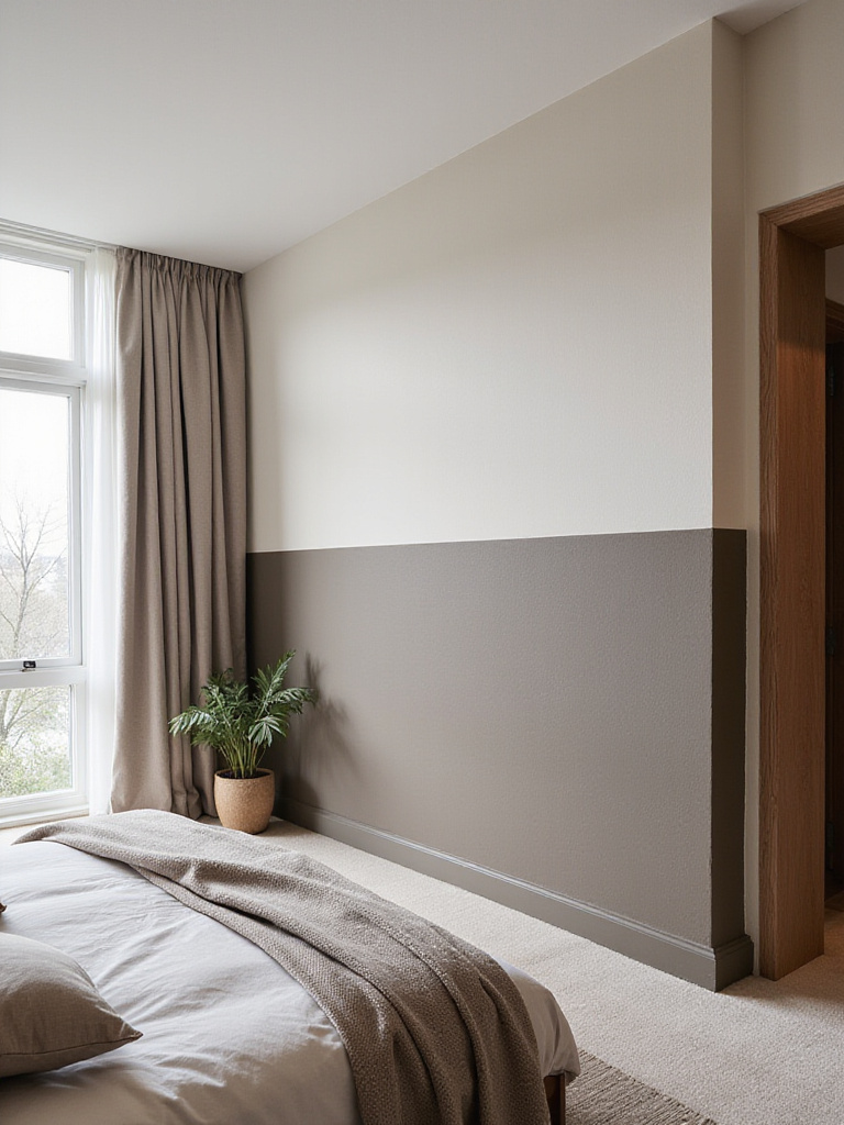 Bedroom with two-tone walls featuring color blocking for added dimension