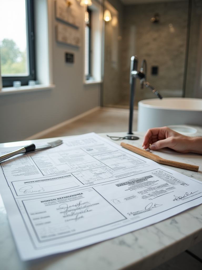 Organized contractor workspace with blueprints and verified documents for modern bathroom renovation