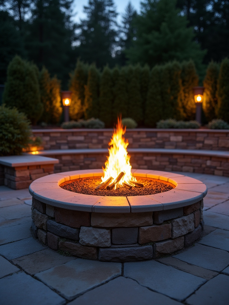 Built-in stone fire pit with glowing flames and curved stone bench in backyard patio at twilight