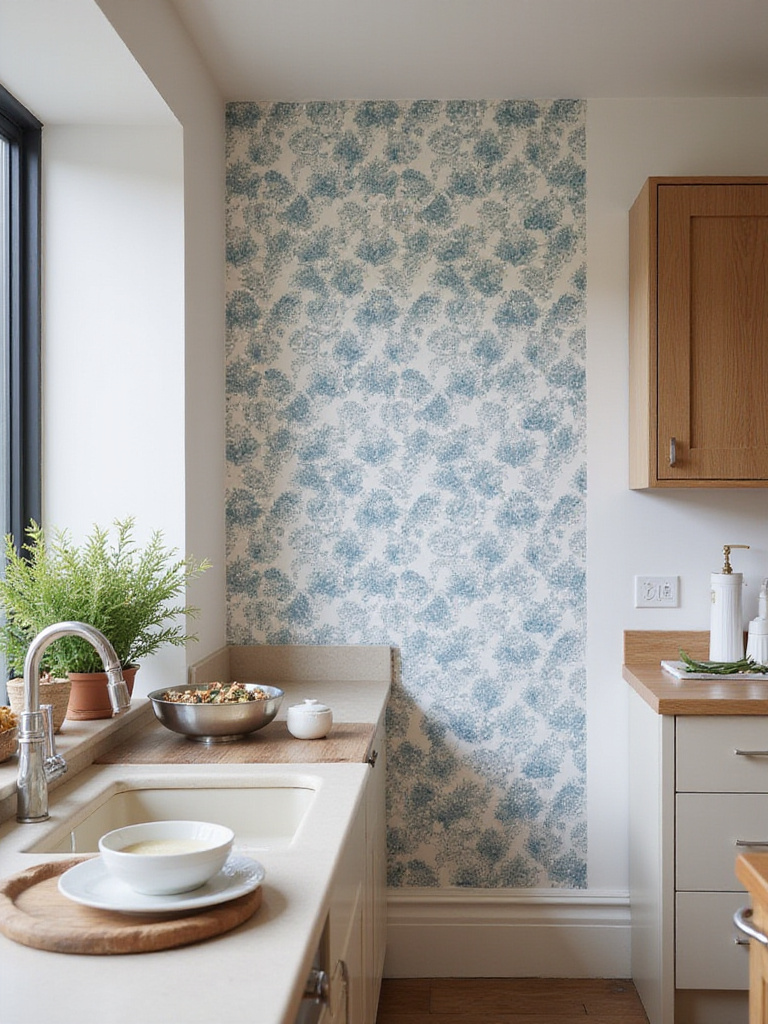 Portrait of a modern kitchen wall with wallpaper pattern and soft lighting