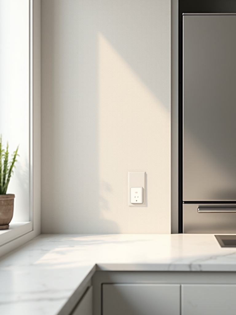 Portrait view of a modern kitchen wall with seamless wallpaper pattern around an electrical outlet.