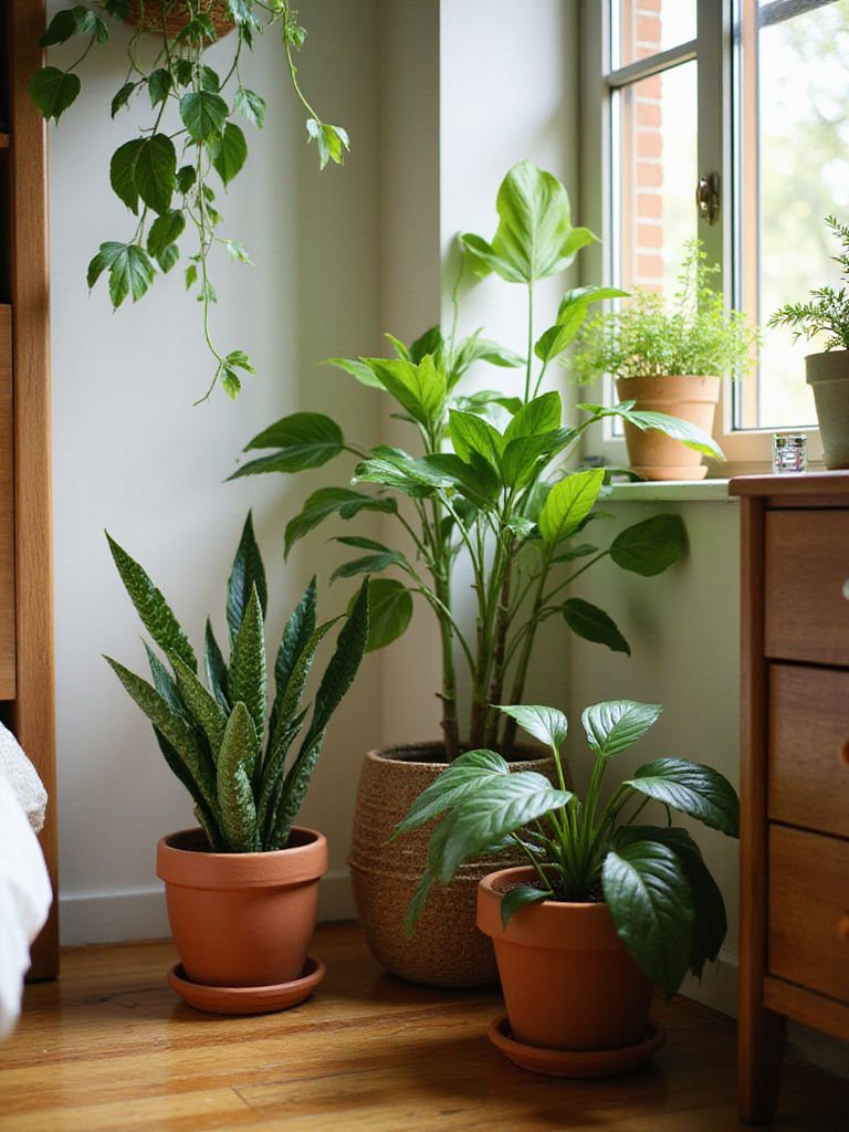 Cozy bedroom corner with low-maintenance houseplants in decorative pots adding natural freshness