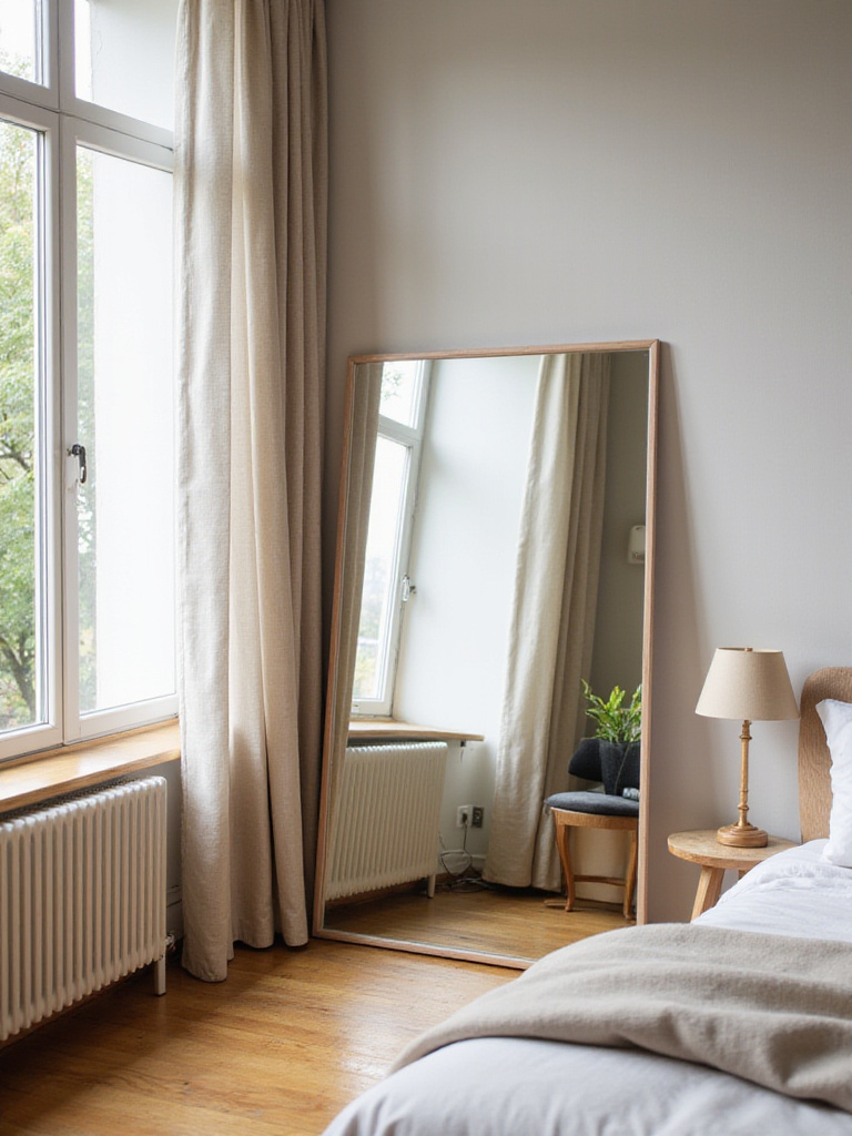 Cozy bedroom corner with large floor-length mirror reflecting natural light and outdoor scenery