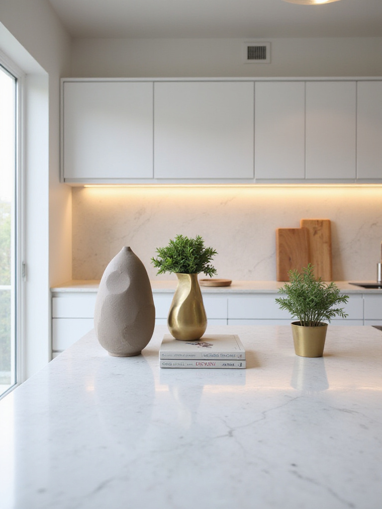 Vertical image of a modern kitchen island with a curated vignette: abstract ceramic sculpture, two cookbooks, brass planter, wooden cutting board, and greenery