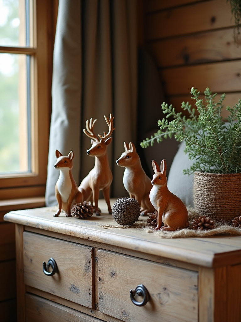 Vertical rustic bedroom with a dresser displaying small woodland animal sculptures and warm textures