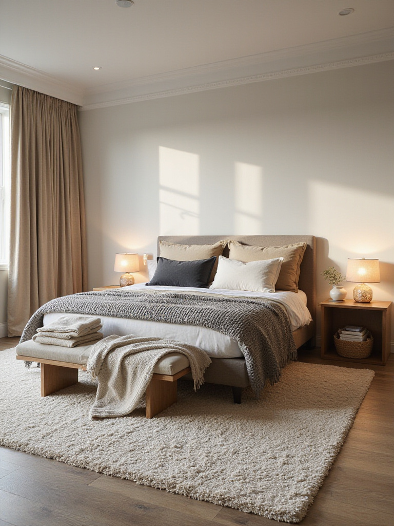 Vertical photo of a modern bedroom with a plush area rug under the bed and layered throws draped on the bed and bench, warm natural light highlighting tactile textures.
