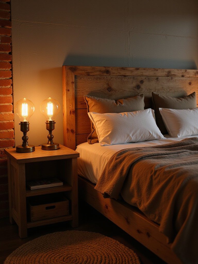 Rustic bedroom with two Edison bulb table lamps on nightstands beside a bed