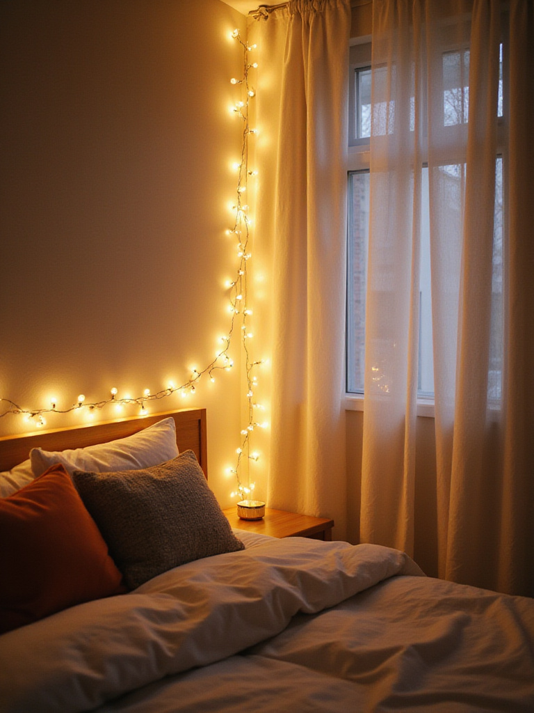Cozy bedroom corner illuminated by warm string lights draped behind headboard and glowing through sheer curtains