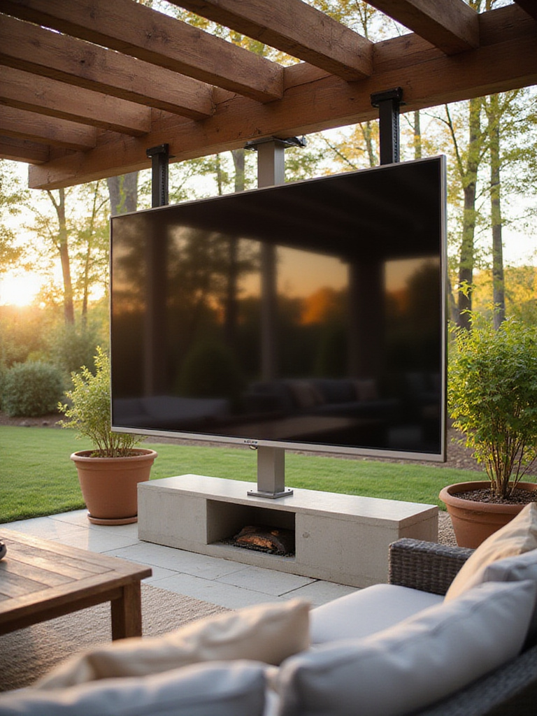 Backyard patio with a large outdoor TV mounted on a pergola, surrounded by outdoor speakers and cozy seating under warm natural lighting
