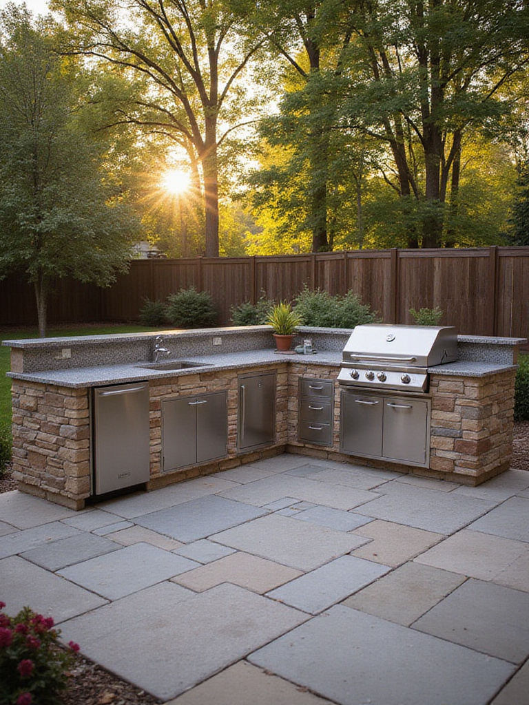 Modern outdoor kitchen with built-in grill and granite countertops on backyard patio during golden hour