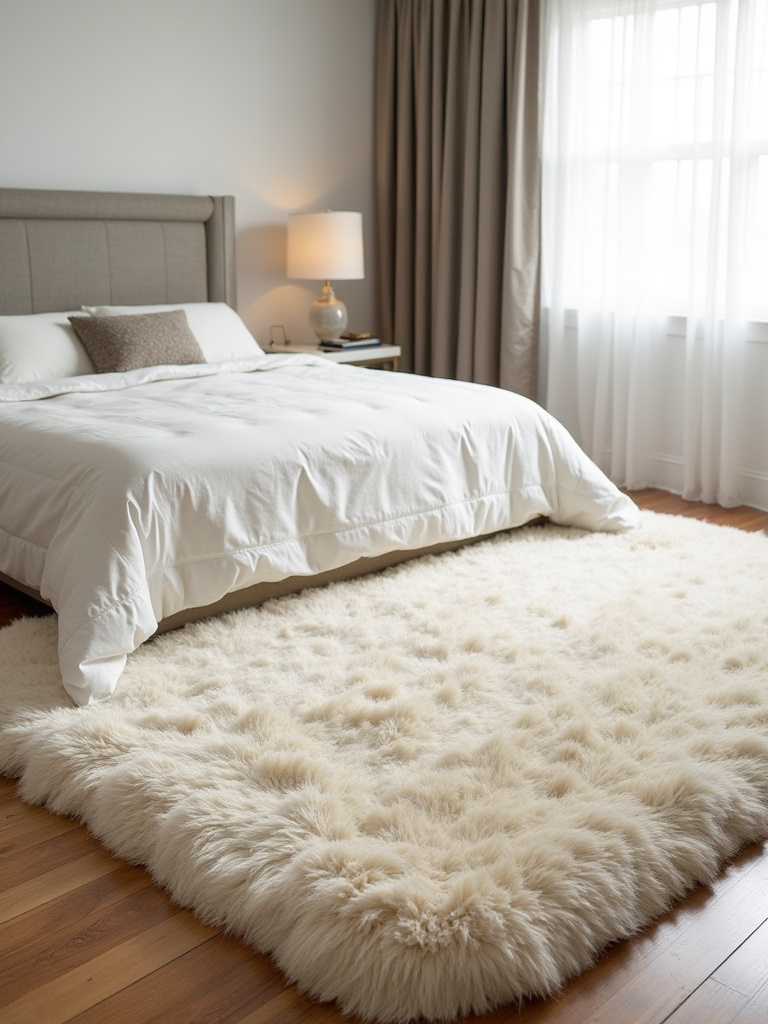 Large soft area rug anchoring a cozy bedroom with neutral decor and hardwood floors