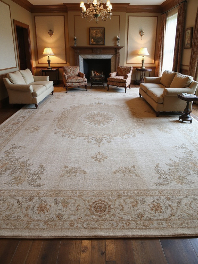 Luxurious living room with oversized high-quality area rug anchoring elegant furniture