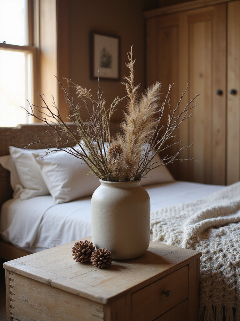A rustic bedroom bedside table with a tall foraged branch centerpiece in a ceramic vase, warm natural lighting.