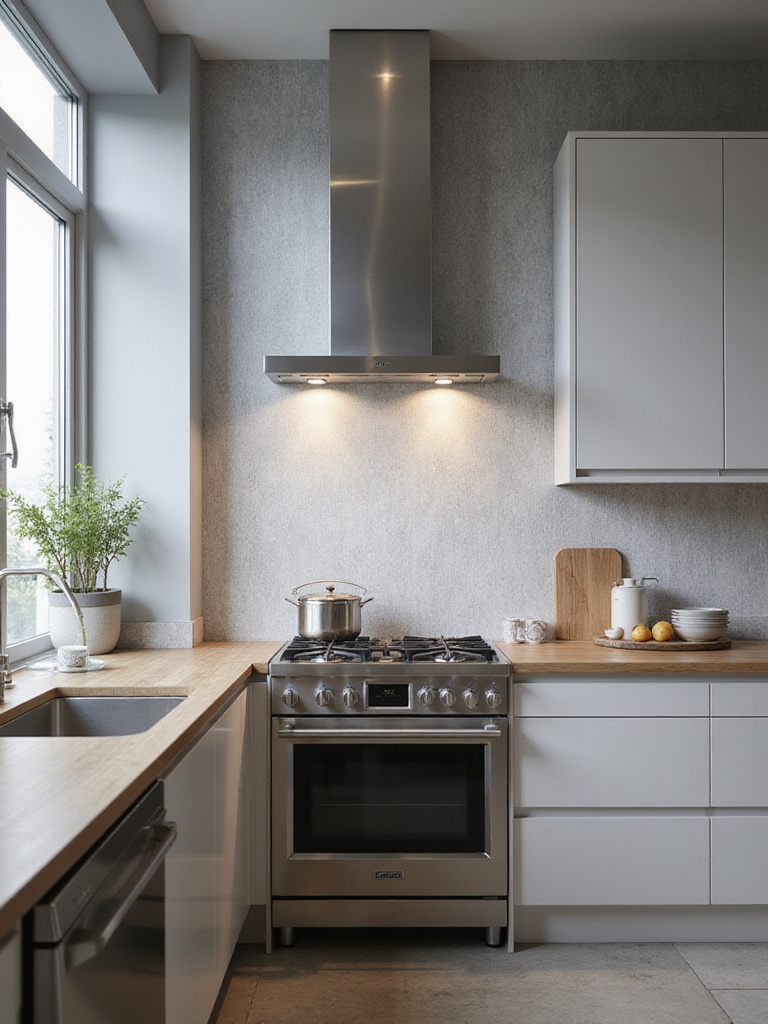 Portrait of a modern kitchen wall with durable vinyl wallpaper, showing texture and durability against humidity.