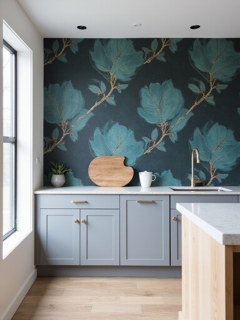 Modern kitchen with bold wallpaper wall and muted gray cabinetry, warm lighting, clean lines