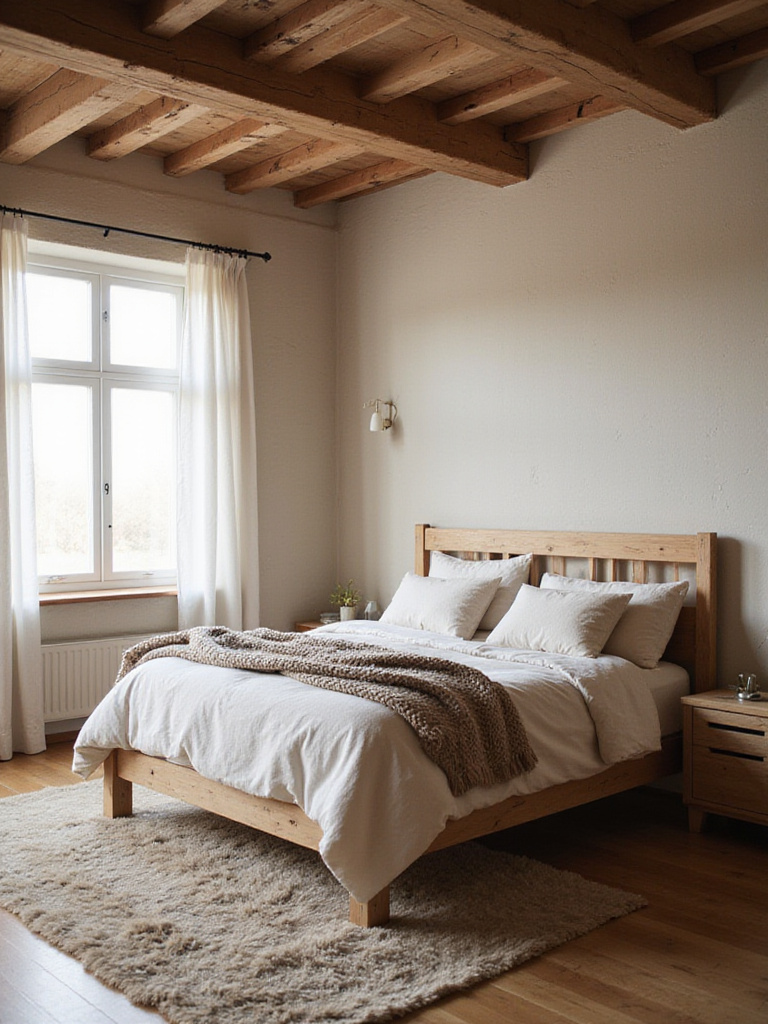 Rustic bedroom in portrait view showing bed with linen bedding and chunky knit throw, warm wood accents, and ample negative space.