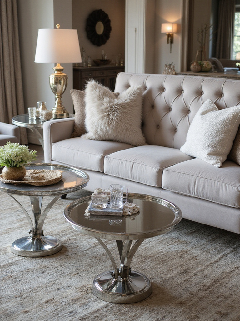 Luxurious living room with diverse textures featuring velvet sofa, silk pillows, wool rug, and polished chrome tables