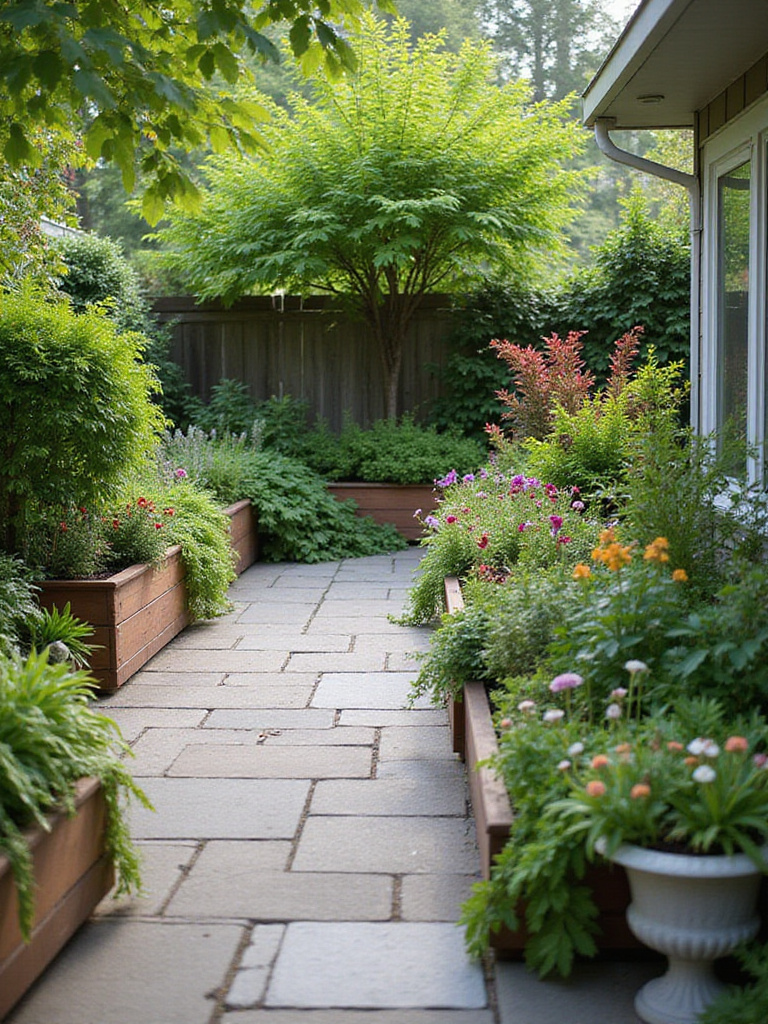 Backyard patio with lush planters and raised garden beds filled with vibrant greenery and flowers