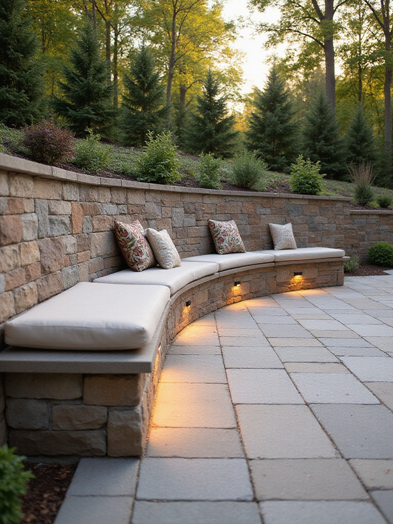 Backyard patio with integrated stone bench seating built into retaining wall, featuring cushions and ambient lighting