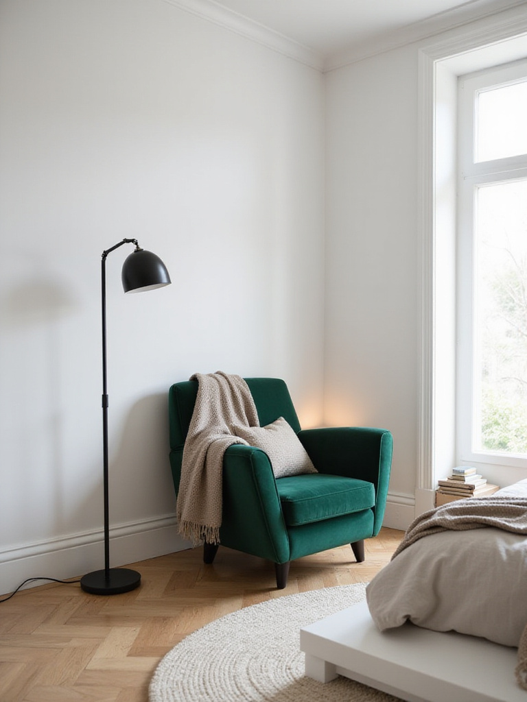 Modern bedroom with white walls and light oak floor anchored by a bold emerald green velvet accent chair and neutral bedding