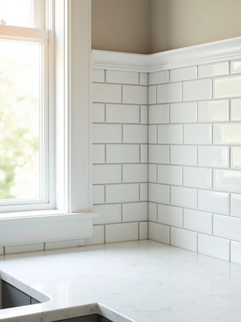 Close-up of coordinated trim and bullnose edge finishes on a kitchen backsplash.