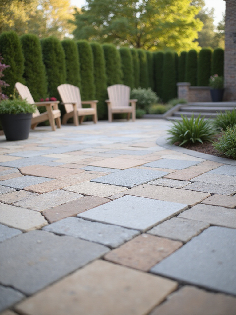 Backyard patio showcasing various durable paving materials like natural stone and concrete pavers in warm natural light, emphasizing longevity and visual appeal