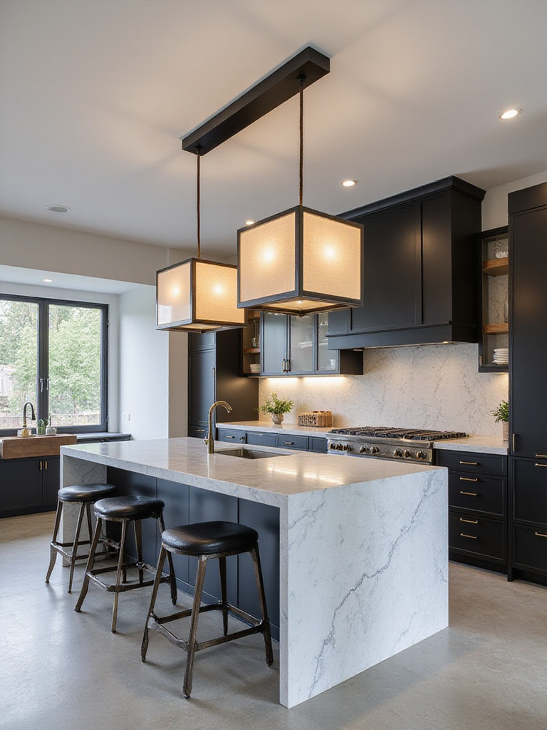 Modern kitchen with a sculptural statement lighting fixture above a large island